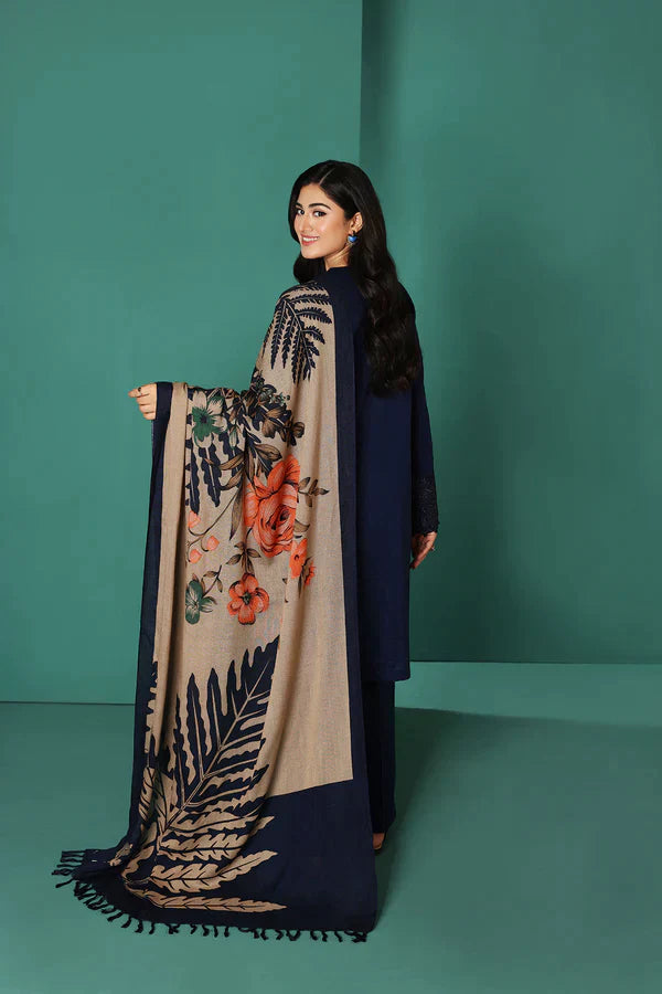 Nishat Blue Dhanak Embroidered three piece With Printed Wool Shawl
