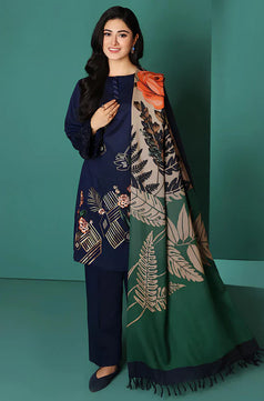 Nishat Blue Dhanak Embroidered three piece With Printed Wool Shawl